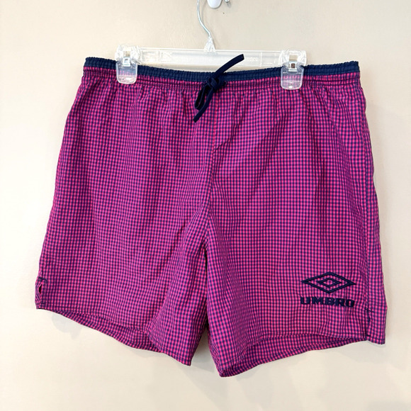 RARE! UMBRO x VINTAGE Shorts Medium Nylon USA Made Soccer Pink Navy Plaid‎ - Picture 1 of 14